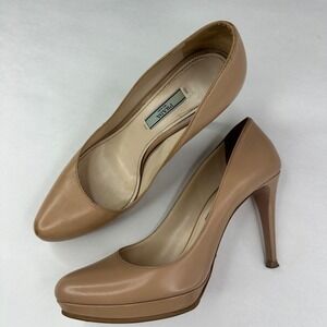 Prada Beige Leather Platform Pumps Almond Toe Stiletto Heels Made in Italy 37.5